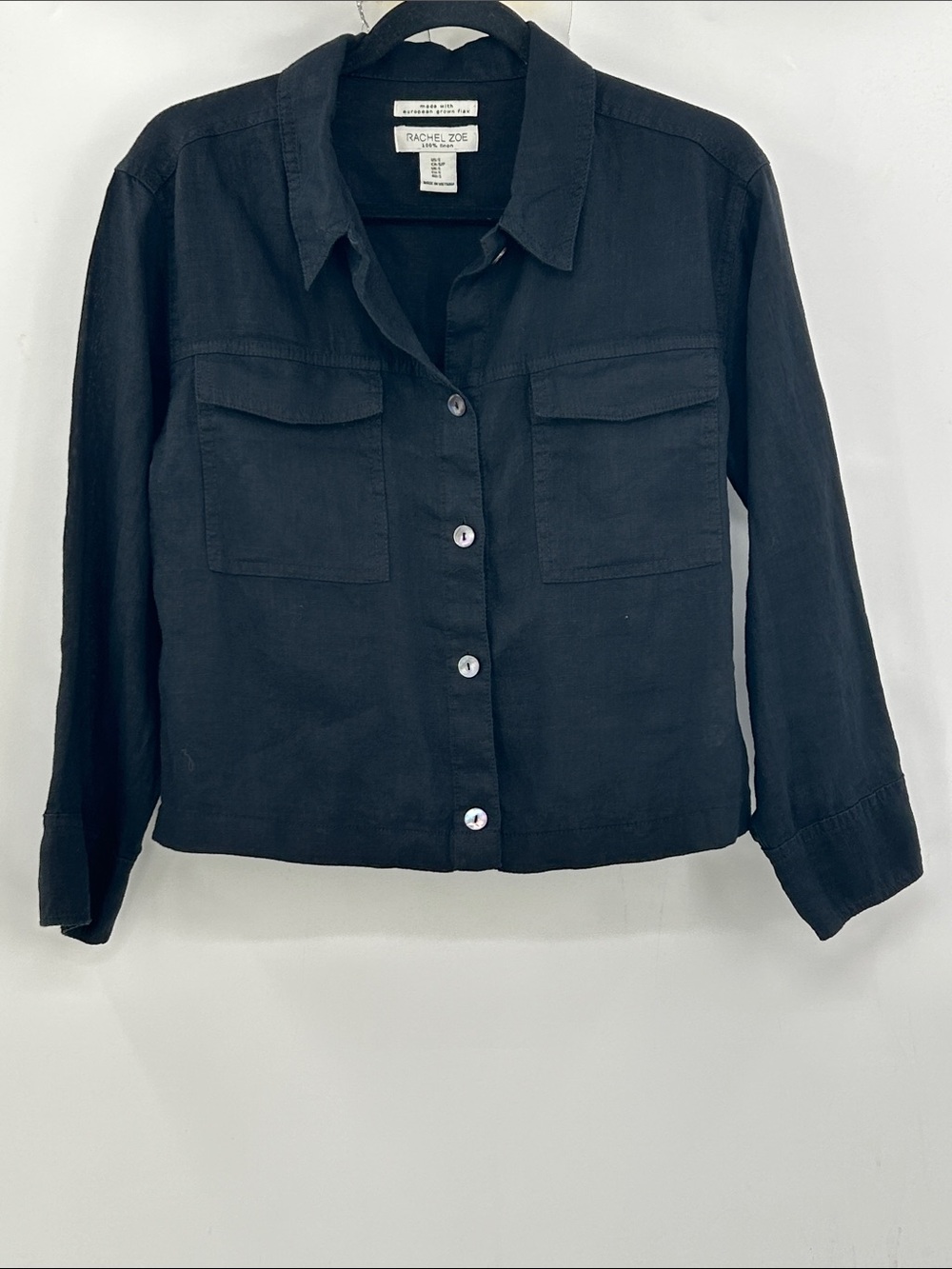 Rachel Zoe Linen Button Down Cropped Long Sleeve Black Size Small